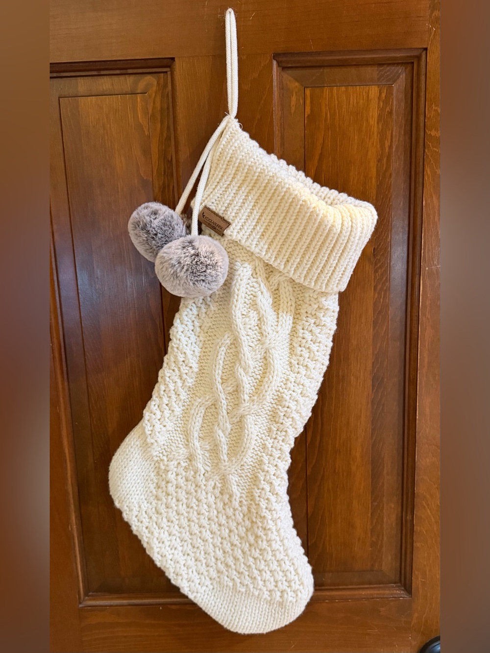 Koolaburra by UGG Ivory Cream Cable Knit Christmas Stocking Gray Pom Poms EUC